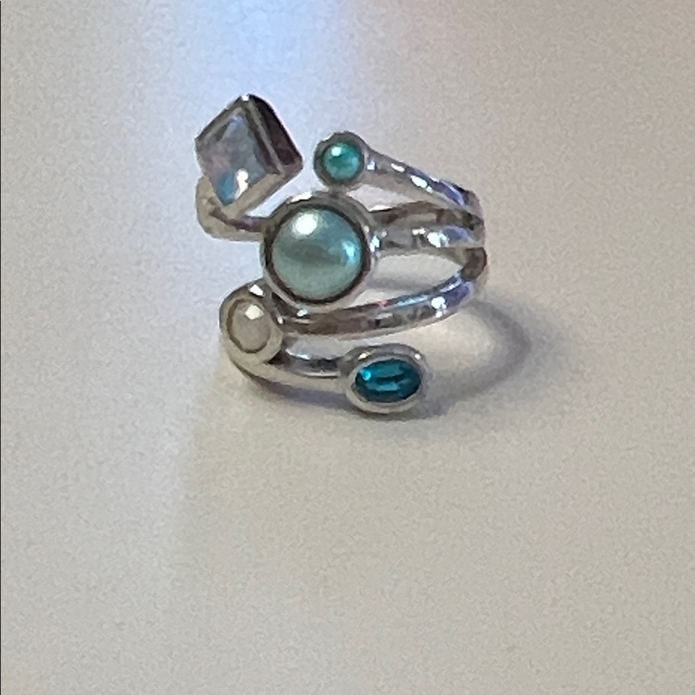 Lia Sophia Comet Ring Silver Tone with Teal White Blue & Green Stones Size 8 - Picture 6 of 7
